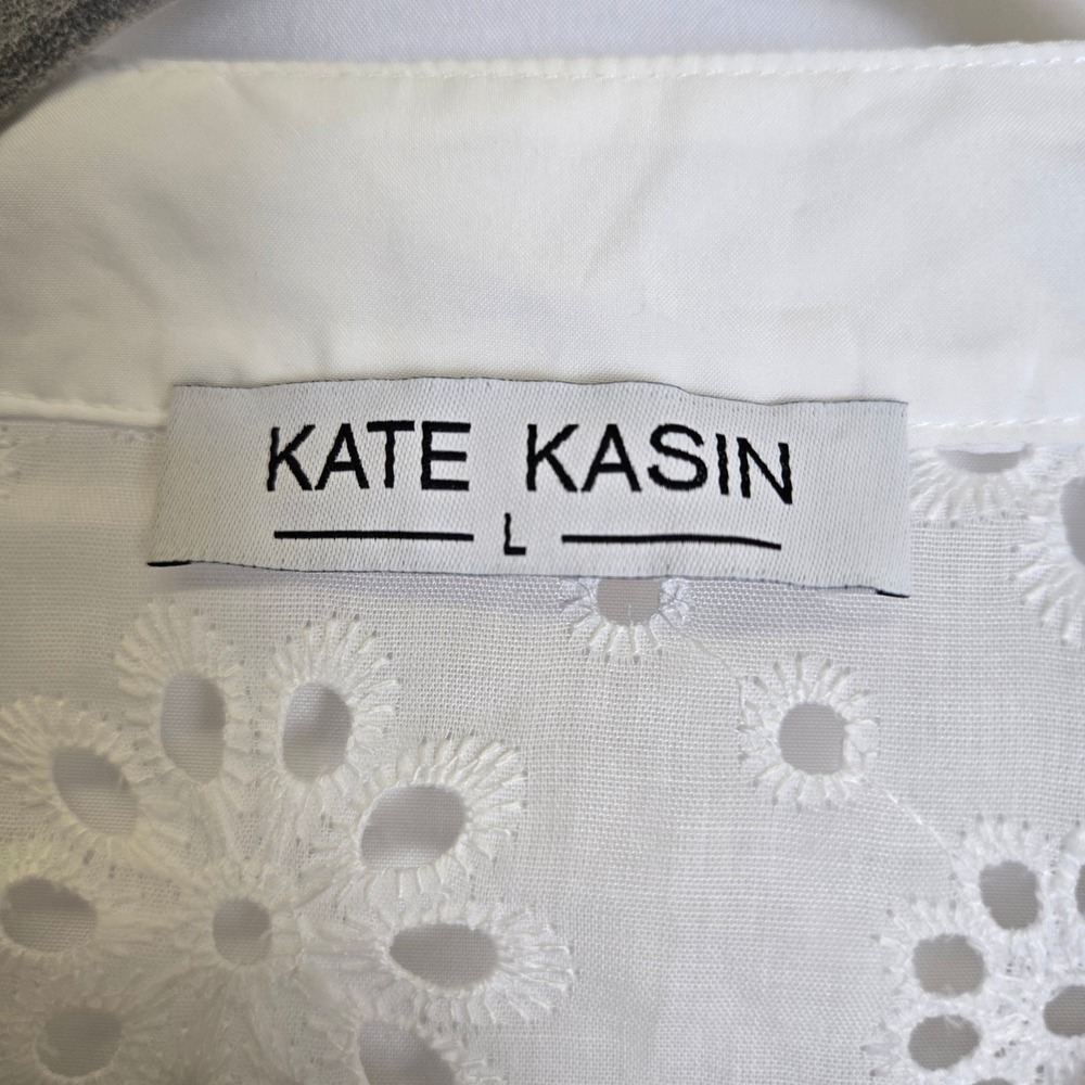 Kate Krasin Short Sleeve V-neck Eyelet Blouse, Cottage Spring Summer White Large - Picture 3 of 12